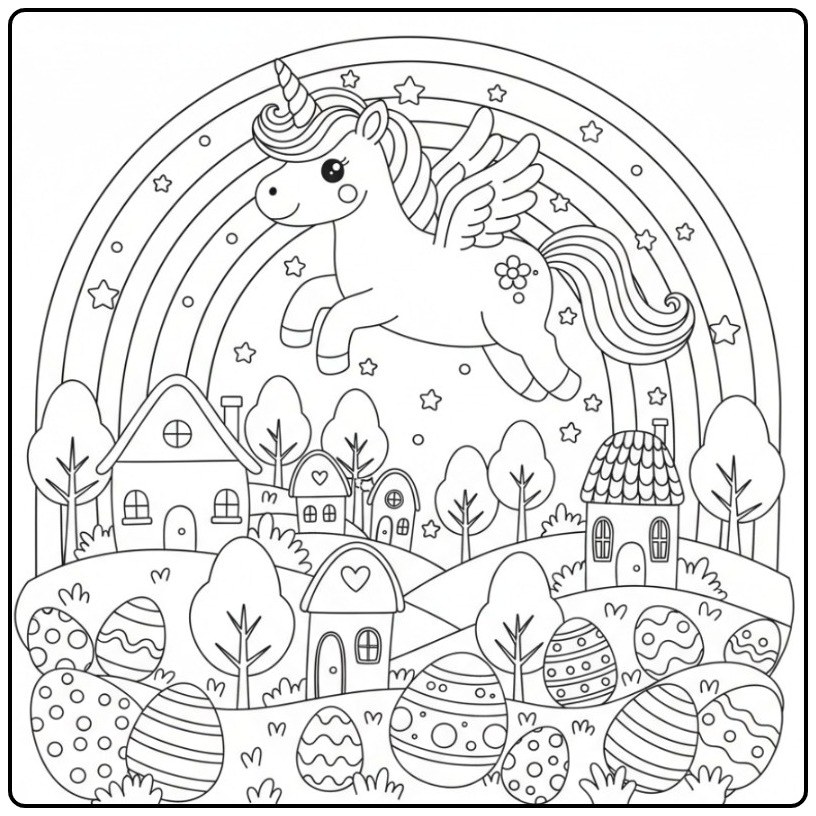 Coloriage licorne de Pâques et arc-en-ciel, village et œufs.