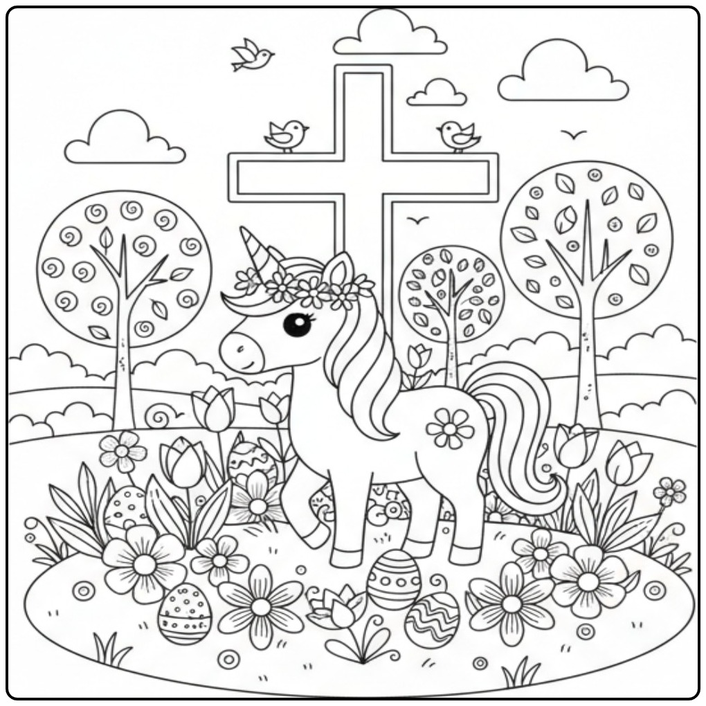 Coloriage licorne de Pâques với croix et fleurs et œufs.