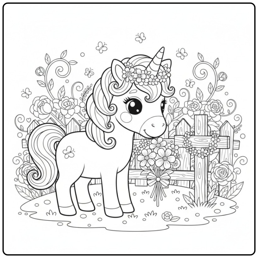 Coloriage licorne de Pâques với croix et fleurs, adorable univers