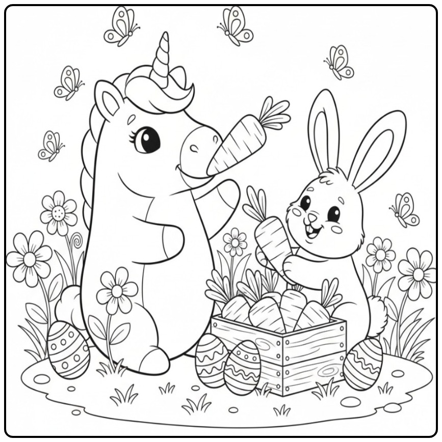 Coloriage licorne de Pâques với des carottes: Amusant dessin printanier.