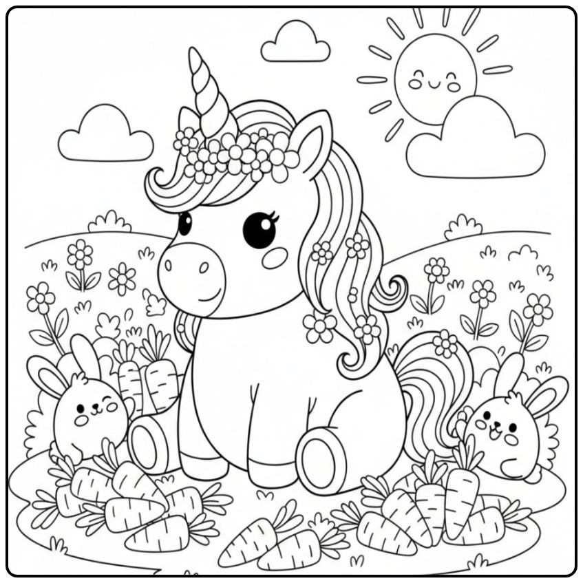 Coloriage licorne de Pâques với des carottes, lapins et fleurs
