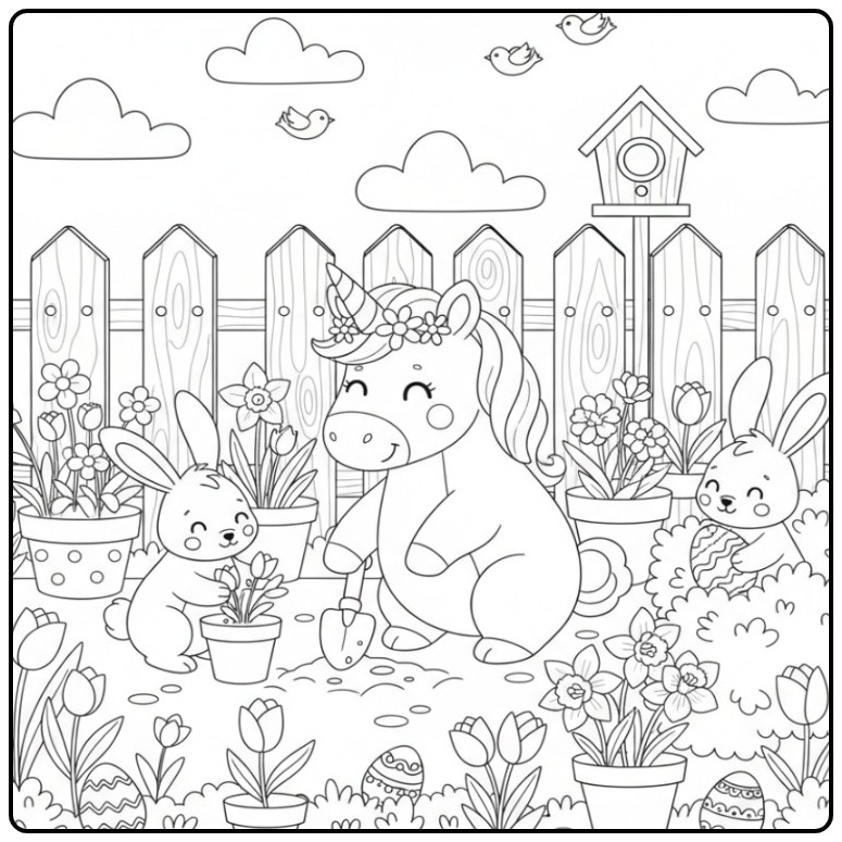 Coloriage licorne de Pâques với ses amis lapins, jardinant gaiement au printemps.