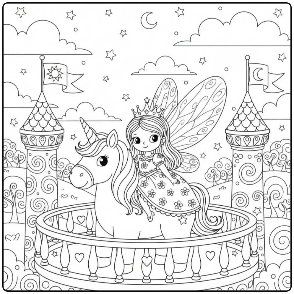 Coloriage Licorne et Château avec une fée princesse sur un balcon.