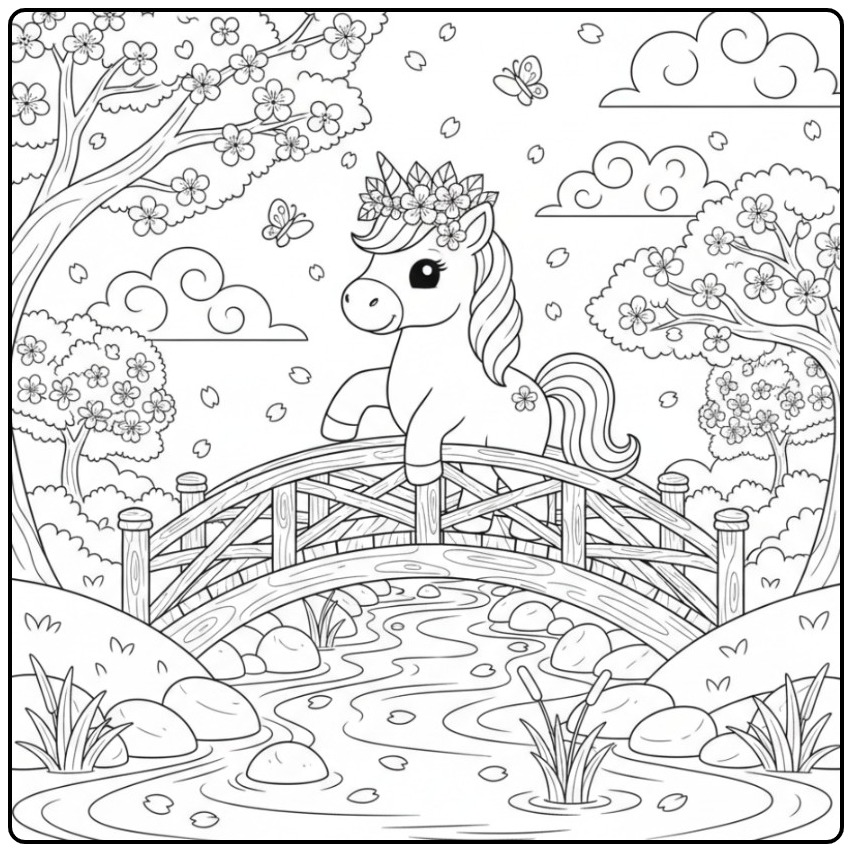 Joli Coloriage licorne et fleurs de cerisier sur un pont.