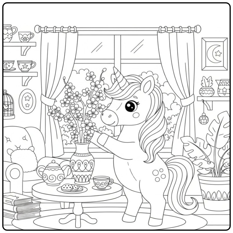 Adorable Coloriage licorne et fleurs de cerisier dans un salon.