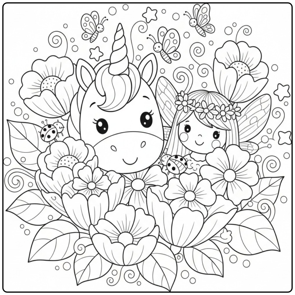Adorable Coloriage Licorne et Jardin Fleuri avec une fée.