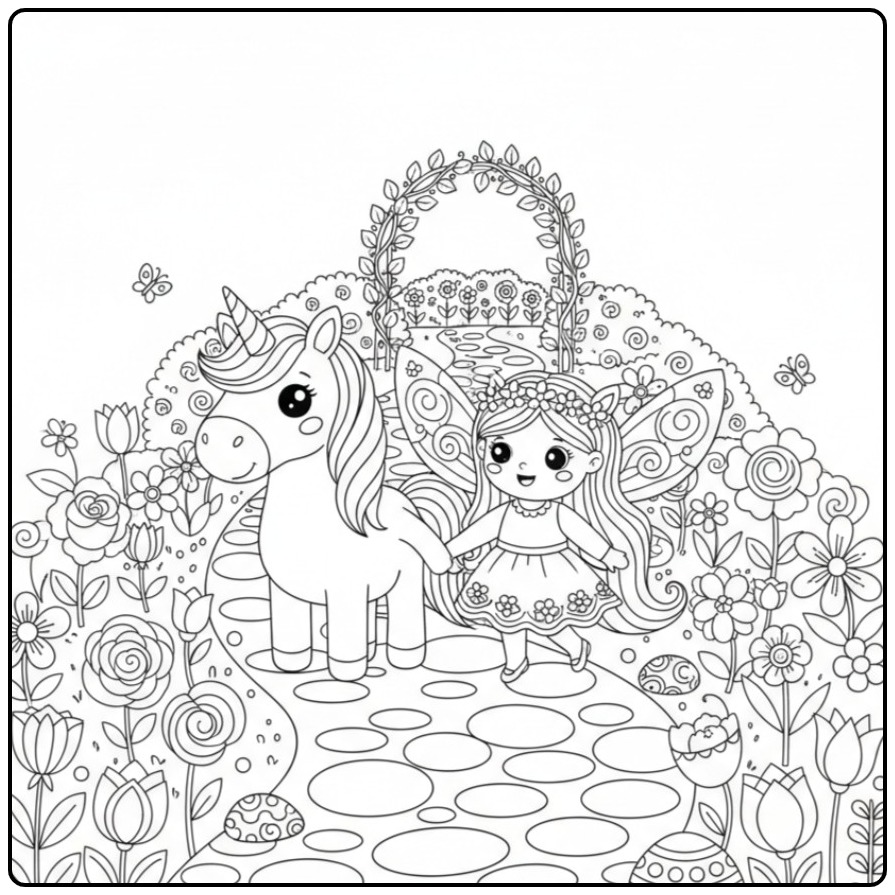 Coloriage Licorne et Jardin Fleuri avec une fée et des papillons.