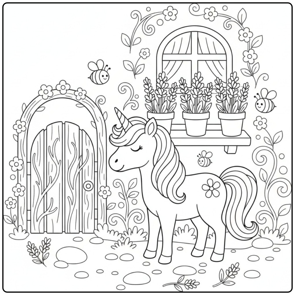 Jolie scène de Coloriage licorne et lavande dans un jardin.