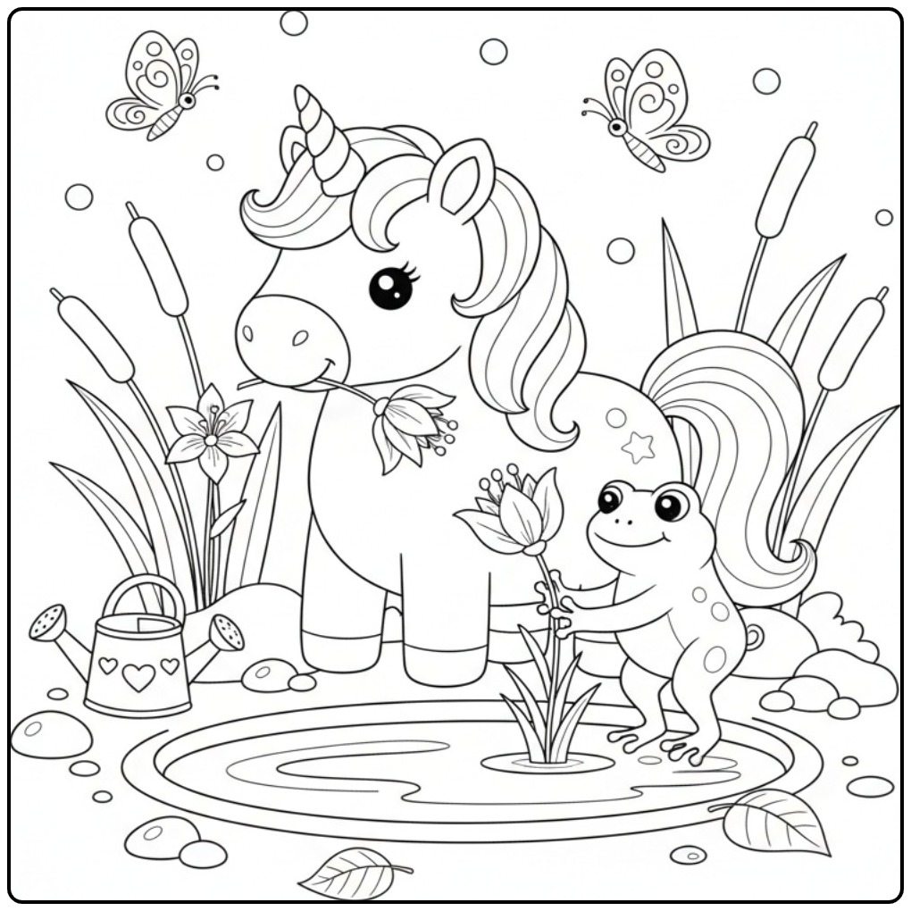 Un adorable Coloriage licorne et lys près d'un étang.