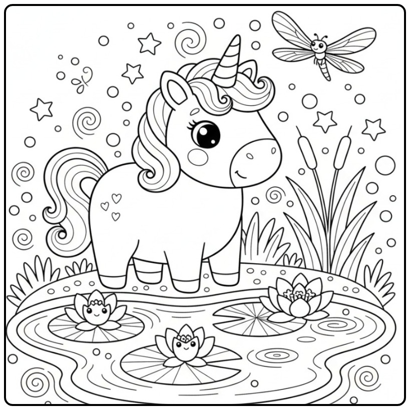 Image à colorier avec Coloriage licorne et lys et une libellule.