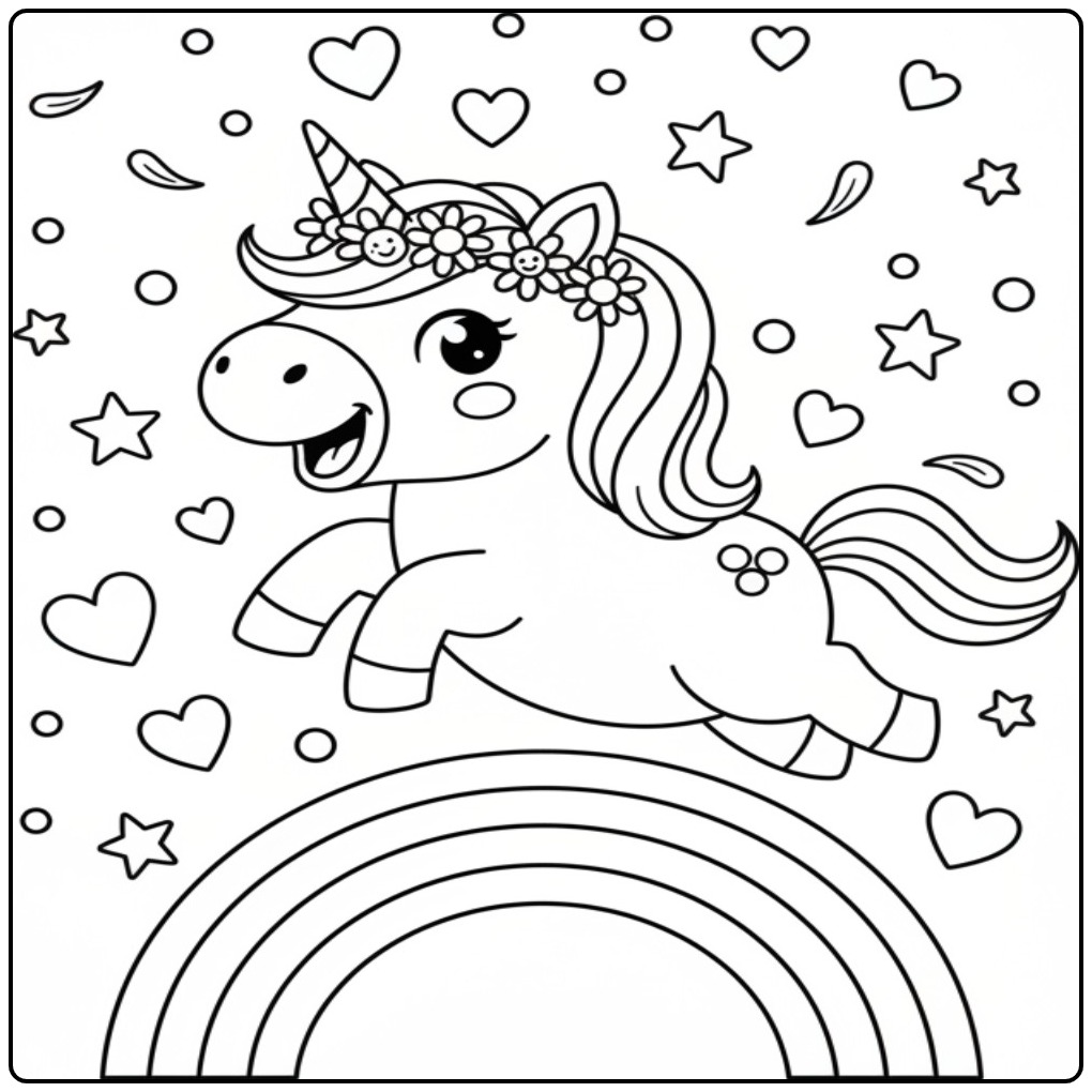 Dessin de Coloriage licorne et marguerite sautant joyeusement.