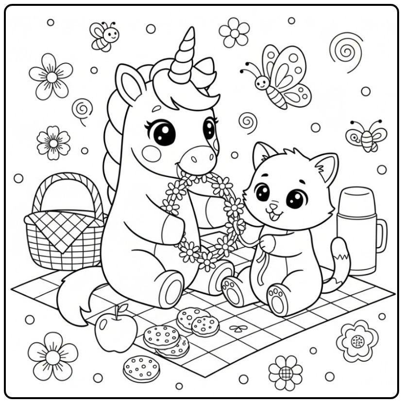 Un joli Coloriage licorne et marguerite avec un chaton.