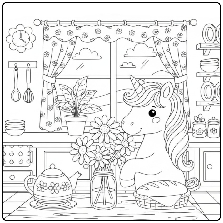 Coloriage licorne et marguerite dans une cuisine accueillante.
