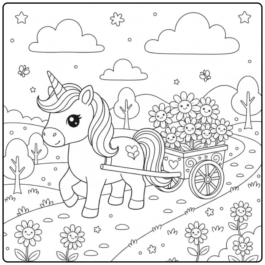 Joli Coloriage licorne et marguerite dans une charrette.