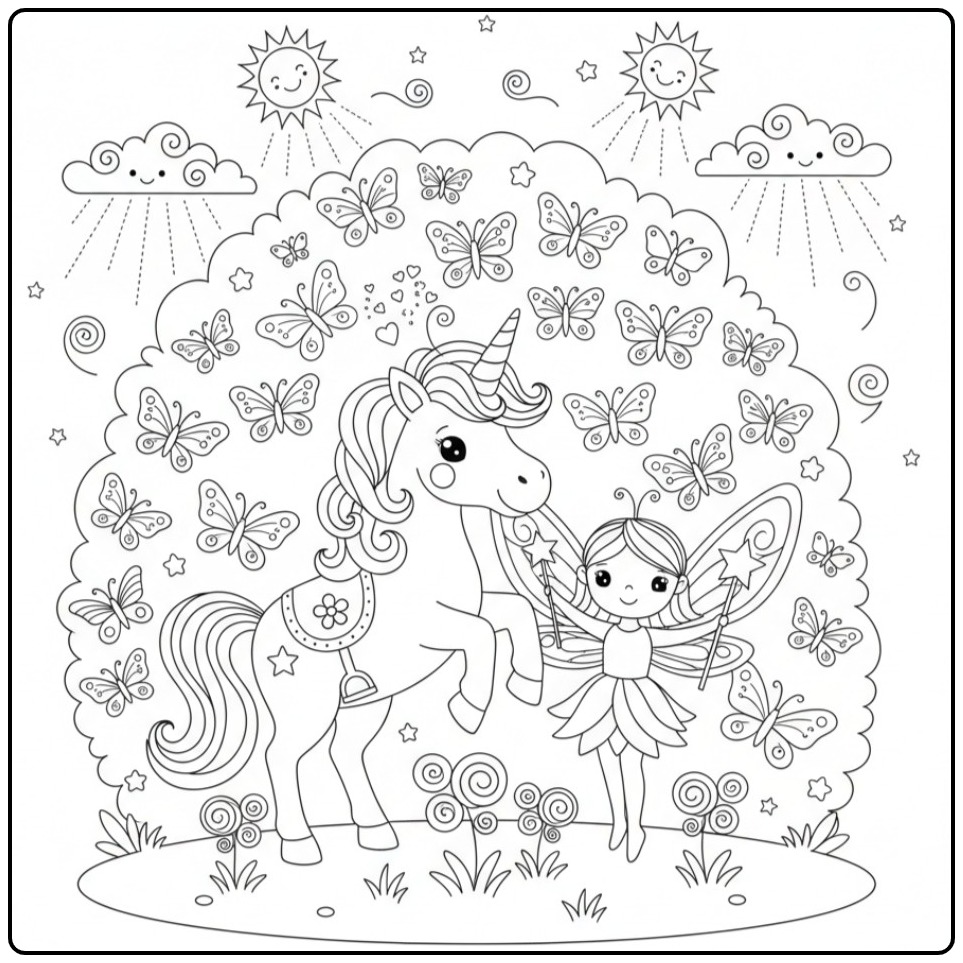 Joli Coloriage Licorne et Papillons avec une fée magique.