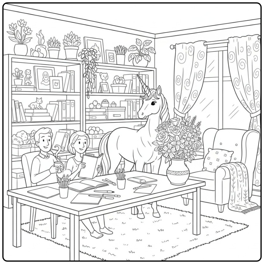Dessin d'intérieur familial avec un coloriage licorne fleur.