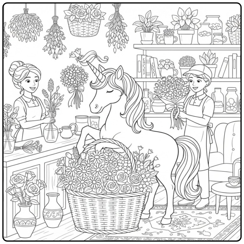 Une scène de coloriage licorne fleur dans une boutique de fleuriste.