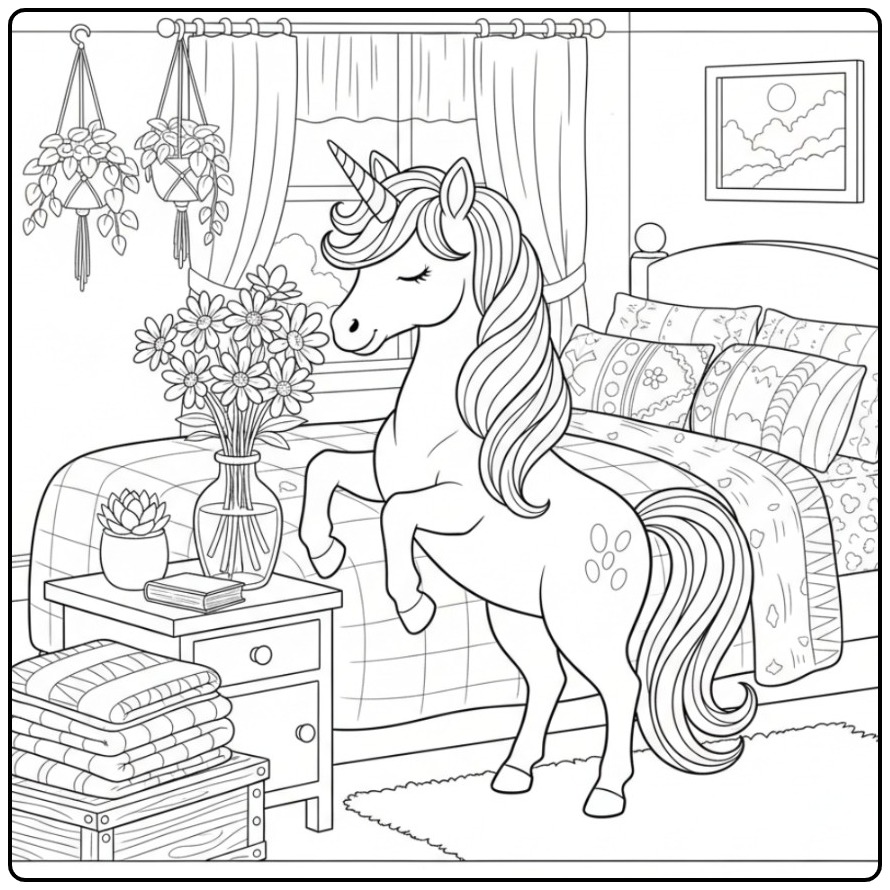 Un joli coloriage licorne fleur dans une chambre confortable.