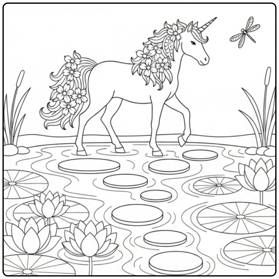 Un joli coloriage licorne fleur dans un étang magique.