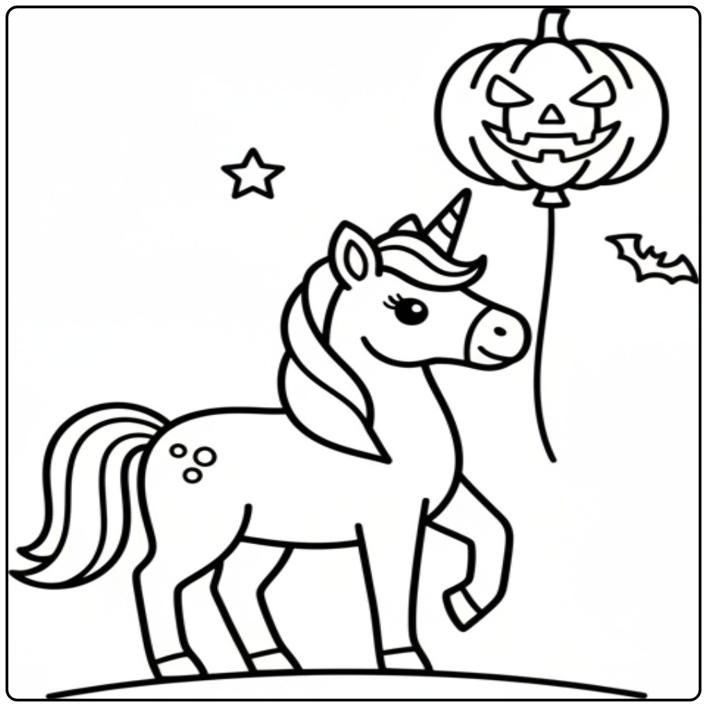 Joli dessin de coloriage licorne halloween avec un ballon.