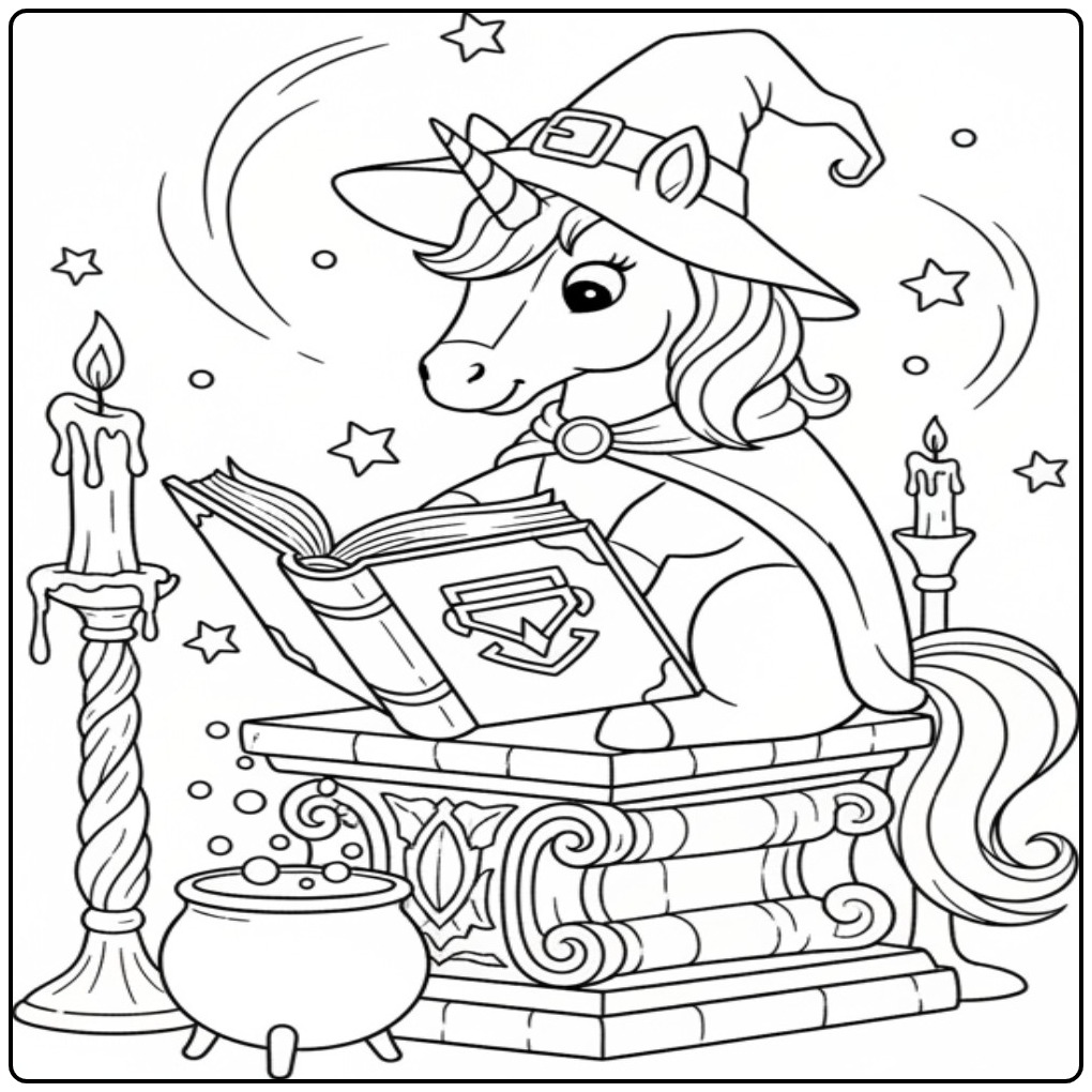 Une licorne sorcière lit son grimoire, coloriage licorne halloween.