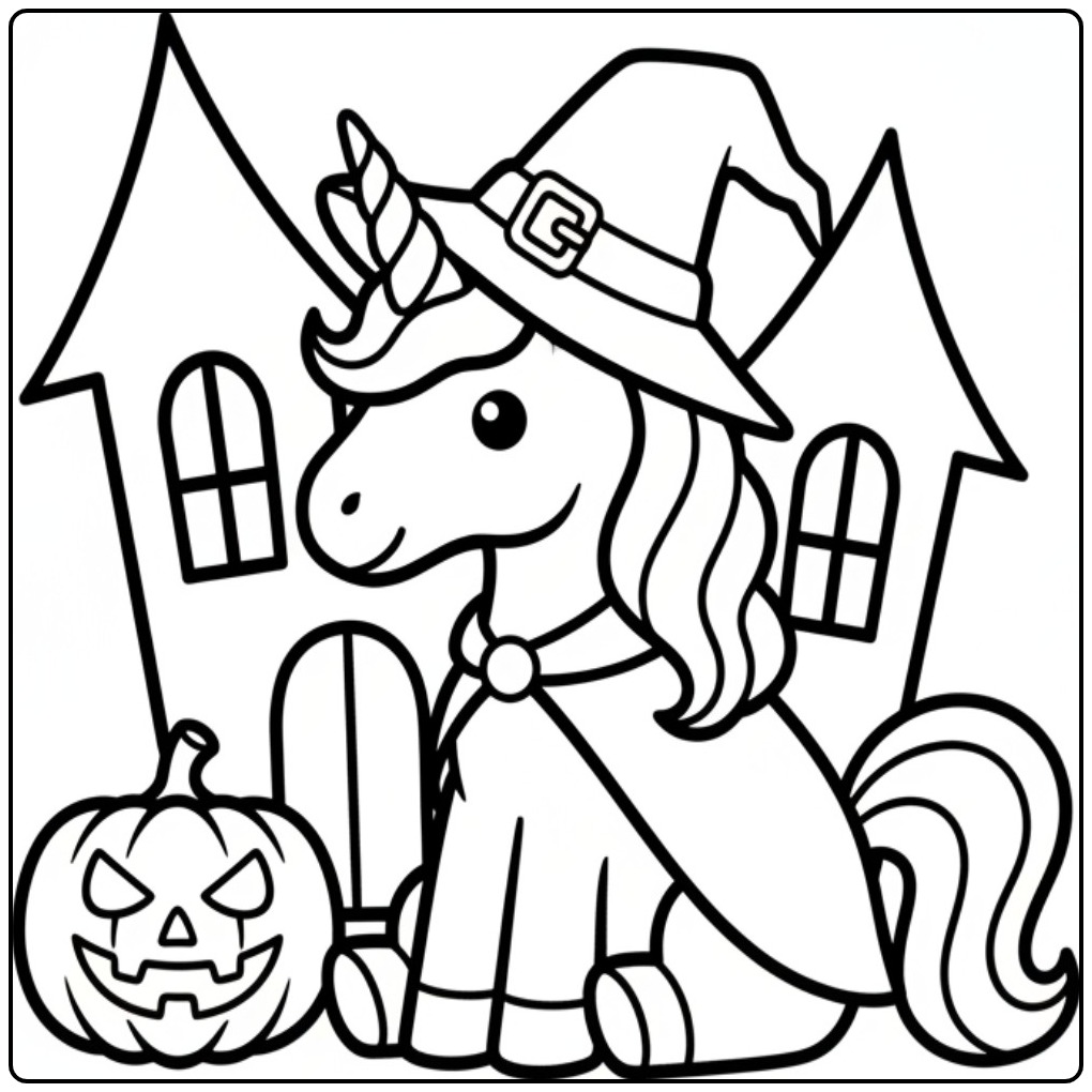 Joli coloriage licorne halloween avec une citrouille et un manoir.
