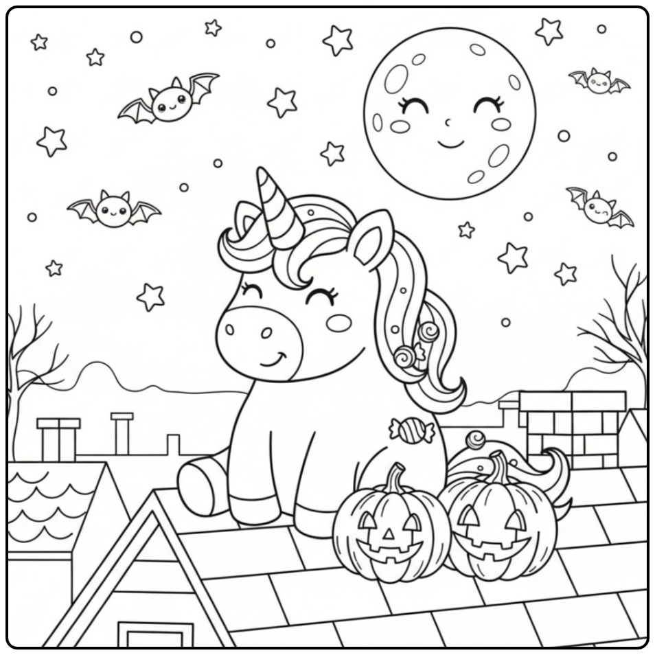 Coloriage licorne Halloween et chauves-souris dans le ciel nocturne avec la lune.