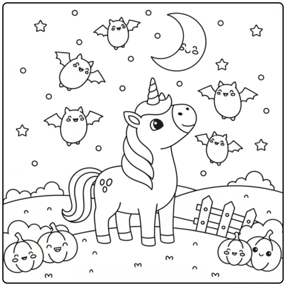 Coloriage licorne Halloween et chauves-souris dans le ciel nocturne