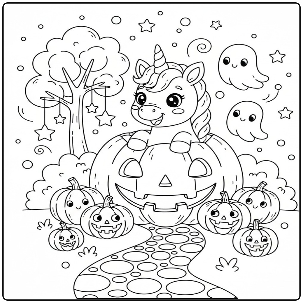 Coloriage licorne Halloween et citrouille dans un décor de fête.