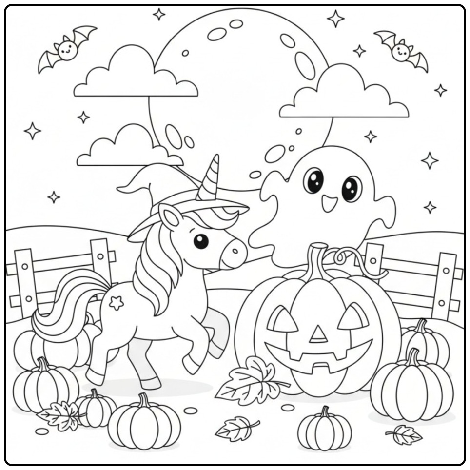 Coloriage licorne Halloween et fantôme dans un champ de citrouilles.