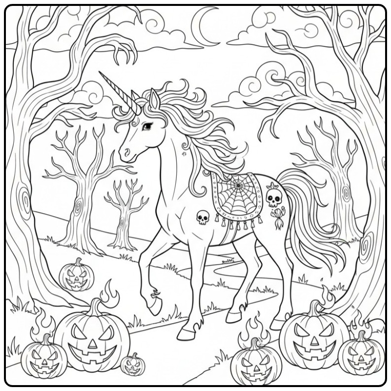 Joli coloriage licorne halloween dans une forêt effrayante.