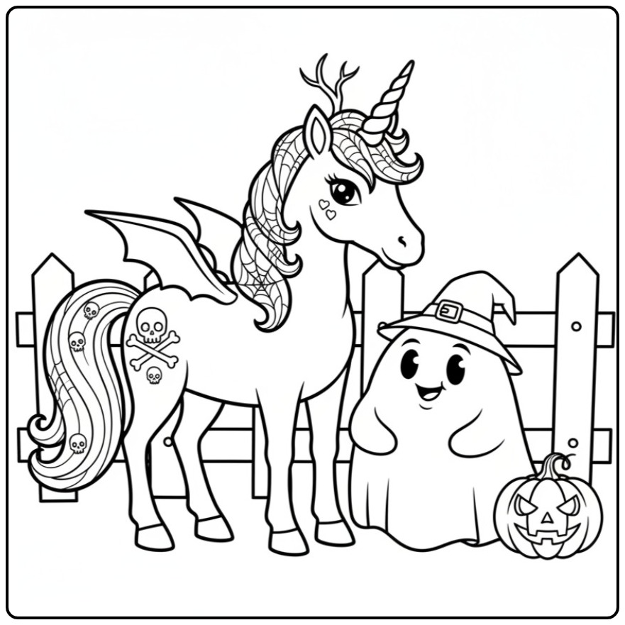 Joli coloriage licorne halloween avec son ami fantôme sorcier.
