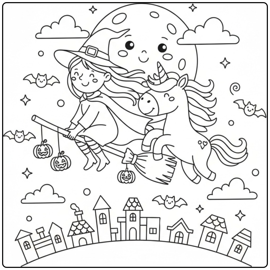 Coloriage licorne Halloween et sorcière avec une grande lune