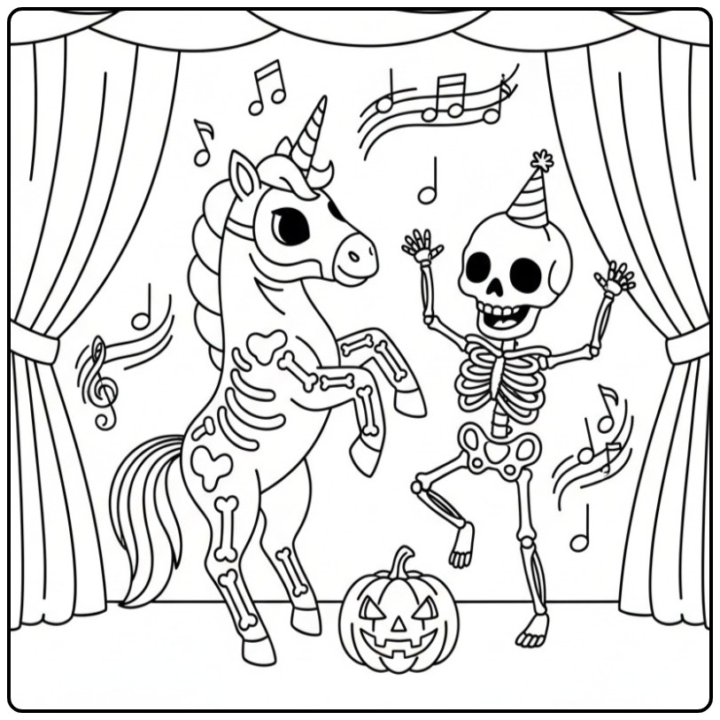 Un joyeux coloriage licorne halloween qui danse sur scène.
