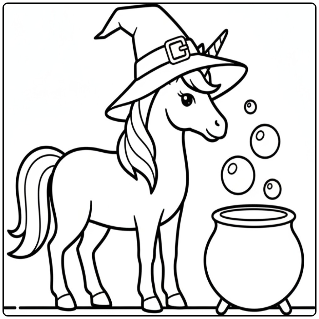 Dessin d'une licorne sorcière pour coloriage licorne halloween.