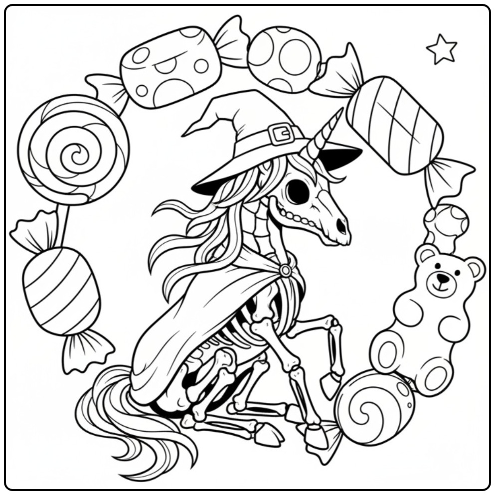 Un effrayant coloriage licorne halloween avec des bonbons.