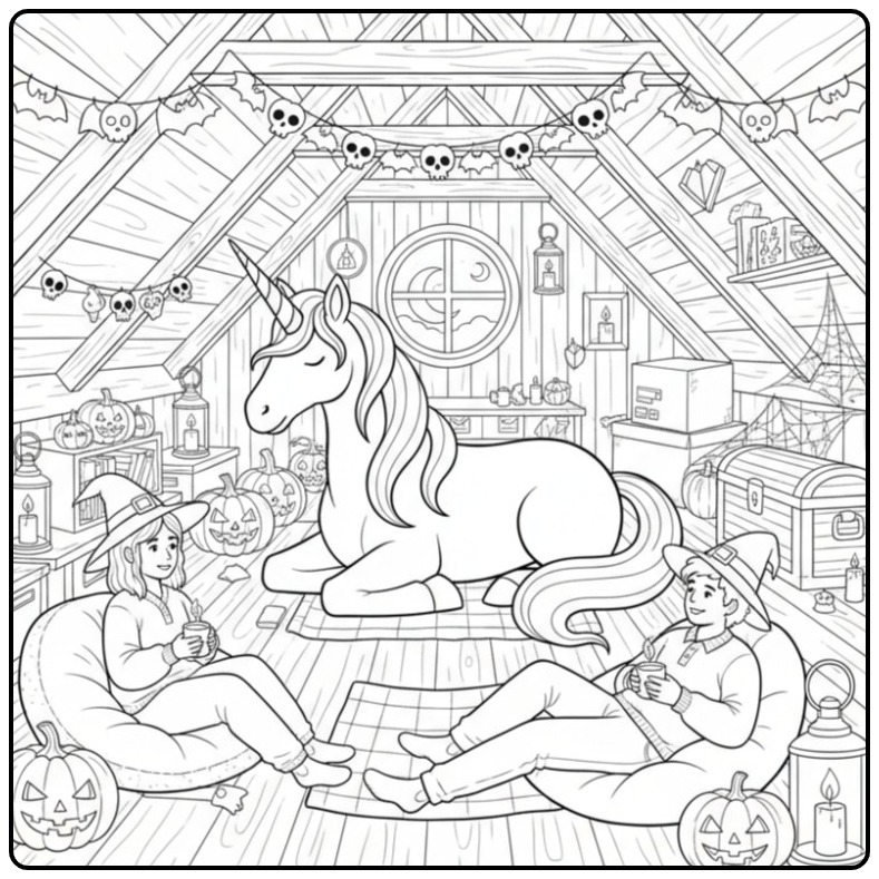 Un joli coloriage licorne halloween avec deux amis sorciers.