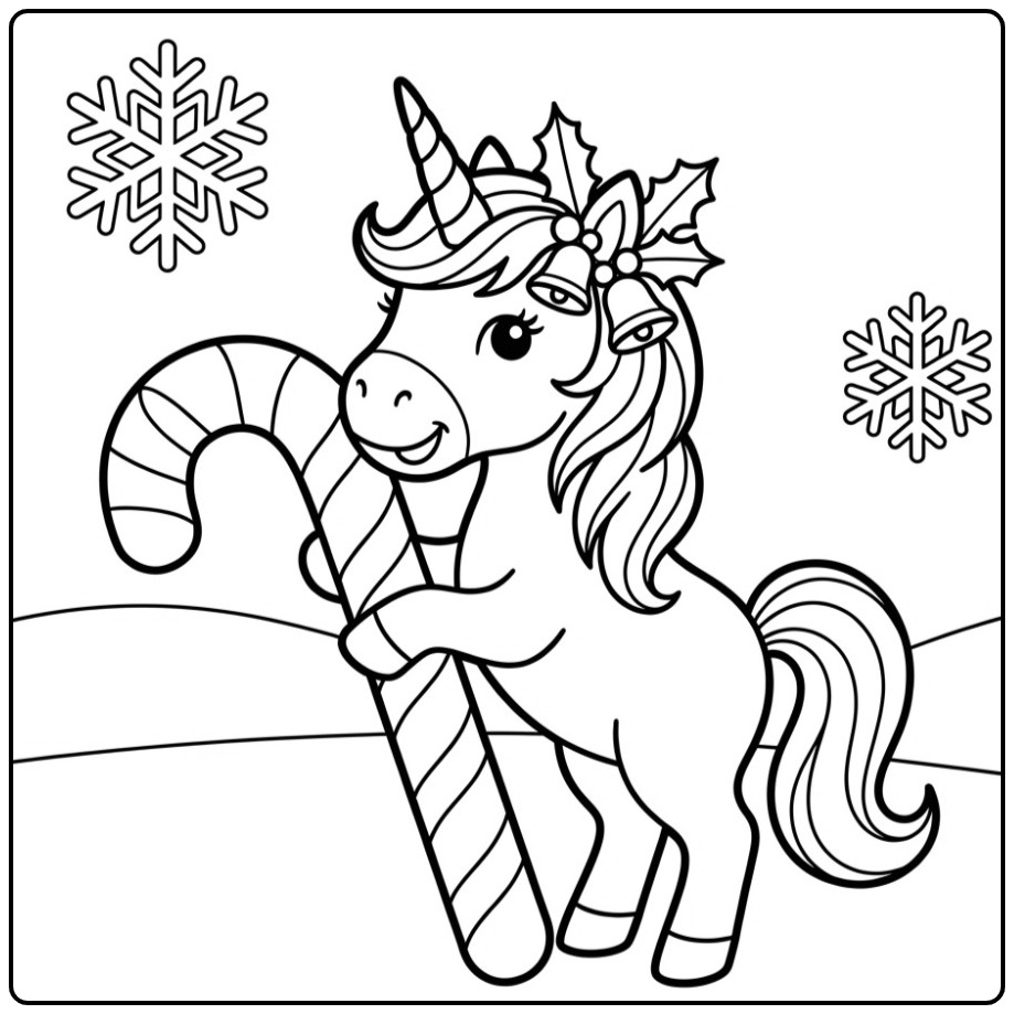 Joyeux coloriage licorne noel avec une canne en sucre géante.