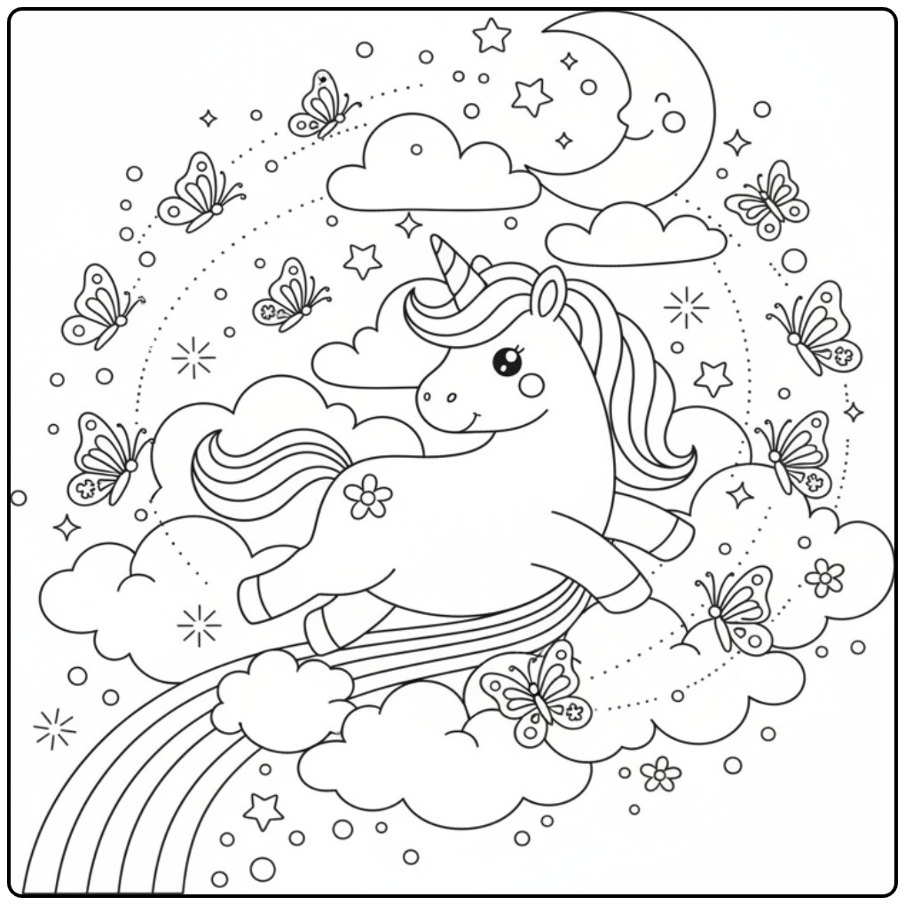 Joli Coloriage licorne papillon avec un arc-en-ciel et nuages.