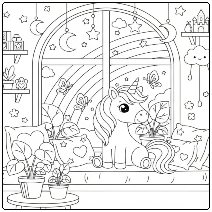 Coloriage licorne papillon avec un arc-en-ciel à imprimer.