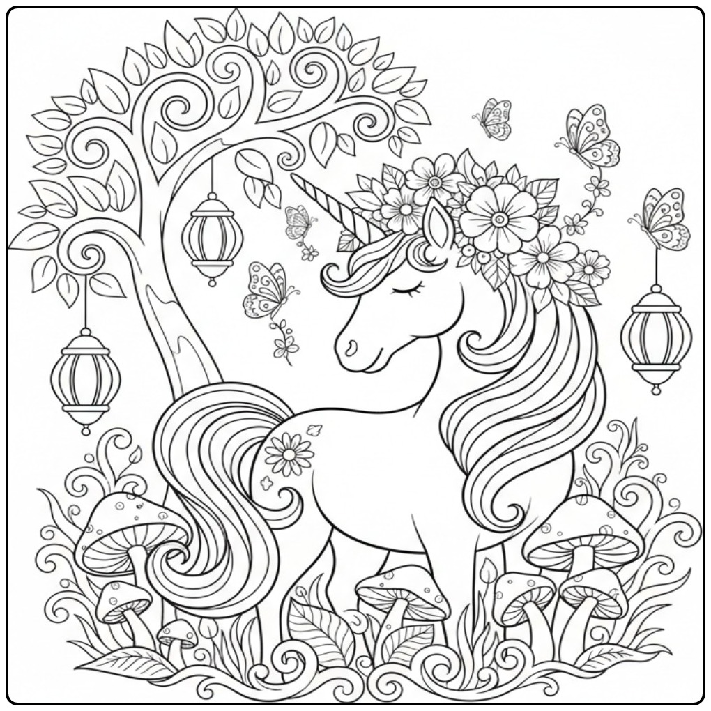Scène magique pour coloriage licorne papillon sous un arbre.
