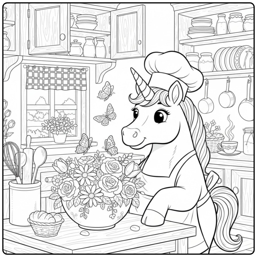 Une licorne chef dans sa cuisine, un coloriage licorne papillon.