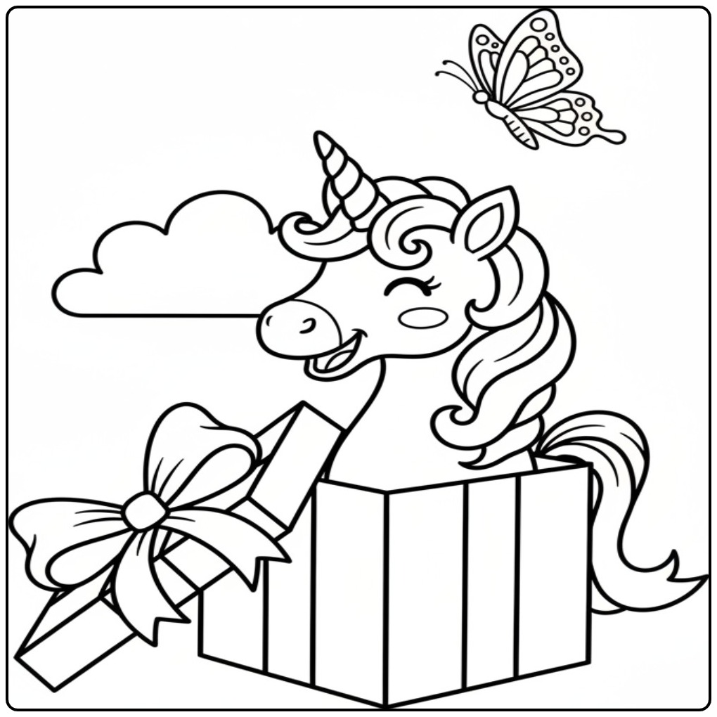 Une licorne surprise dans une boîte, coloriage licorne papillon.