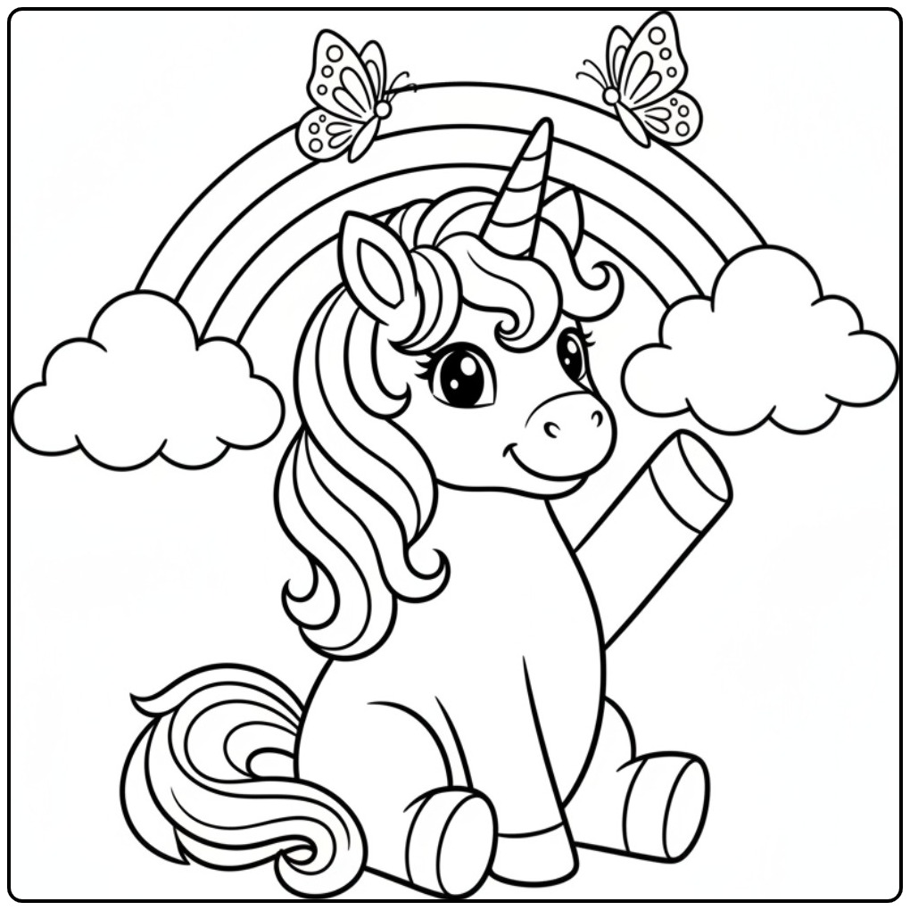 Un joli coloriage licorne papillon assise sous un arc-en-ciel.