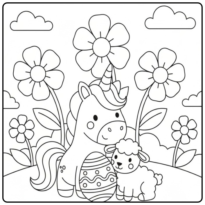 Joli coloriage licorne paques avec agneau et oeuf festif
