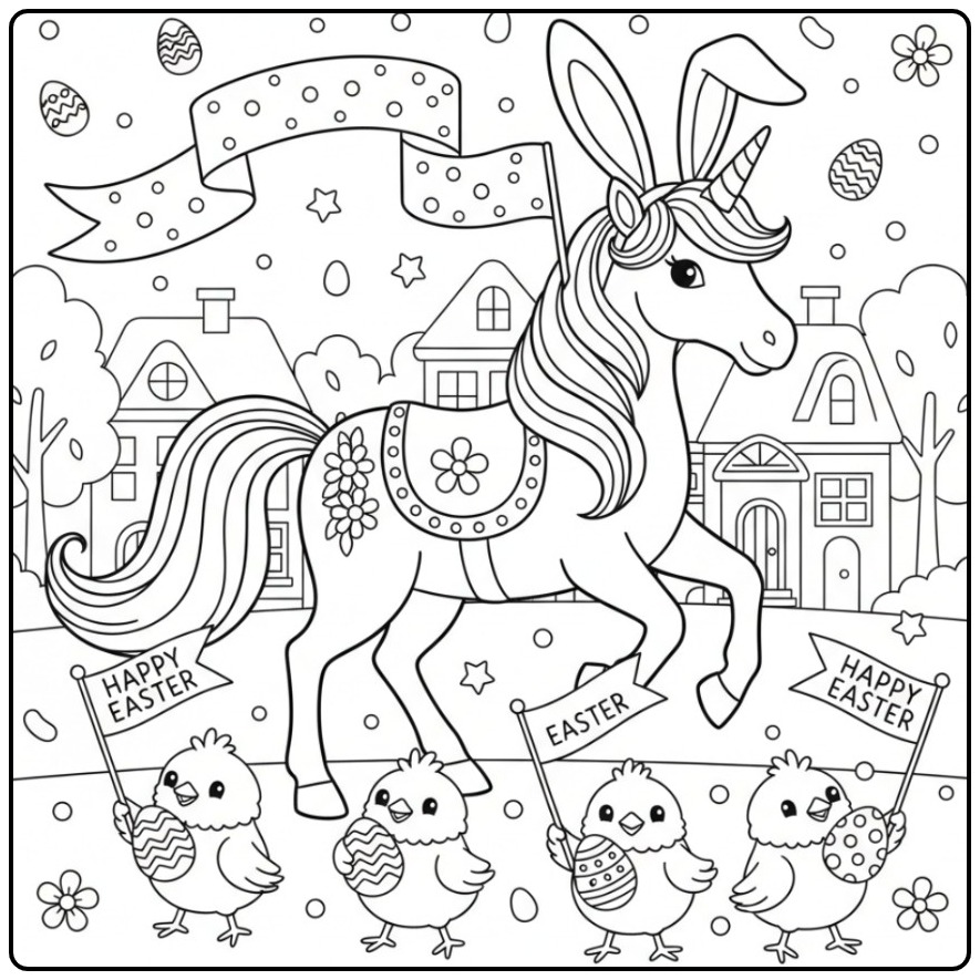 Coloriage licorne paques: licorne-lapin et joyeux poussins.
