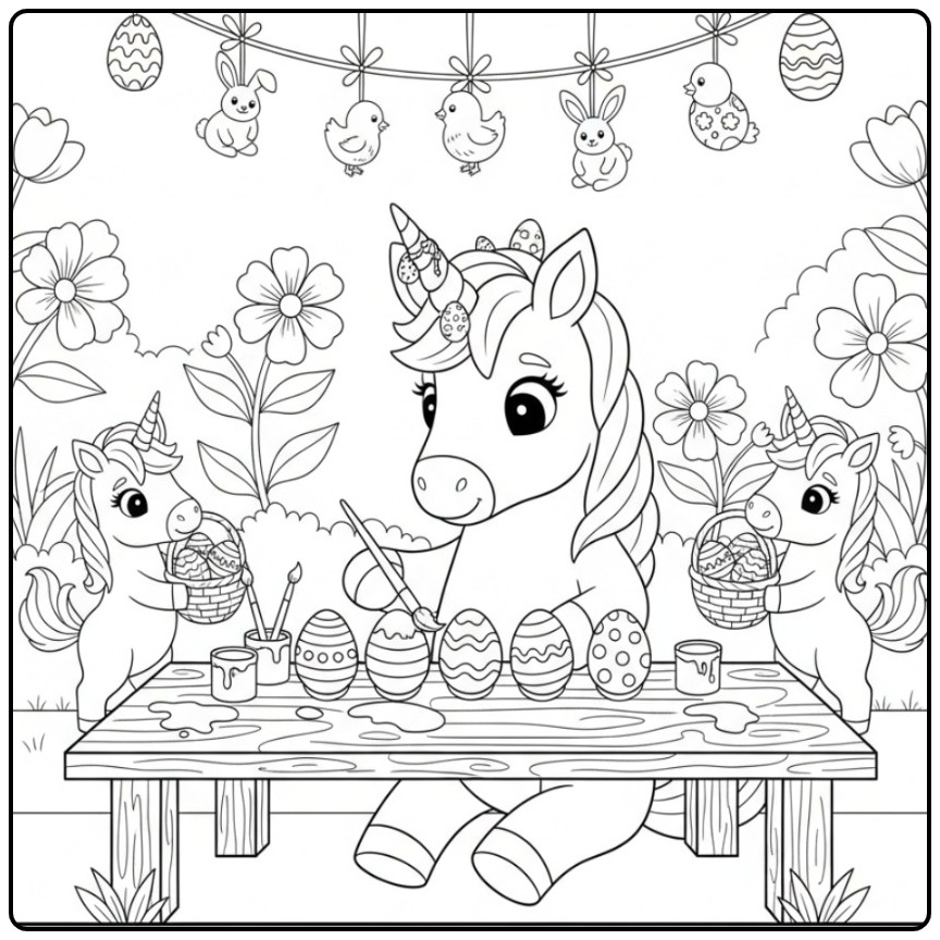 Adorable coloriage licorne paques, avec des licornes décorant des œufs.
