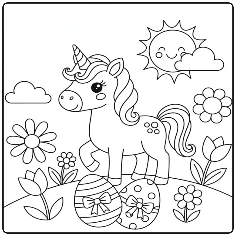 Coloriage licorne paques: une licorne adorable prête pour Pâques.