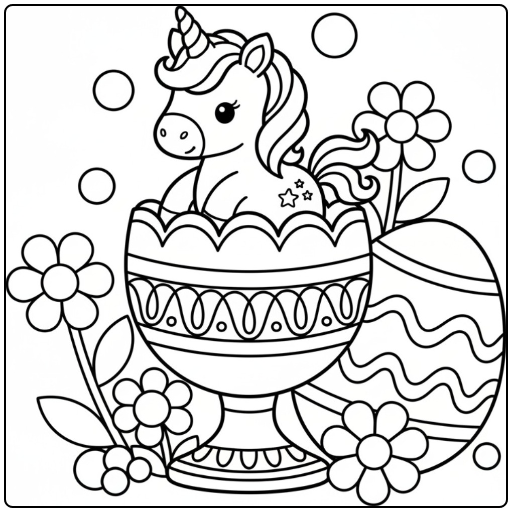 Un charmant coloriage licorne paques dans son œuf, prêt à être coloré.