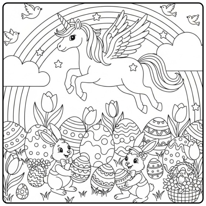 Coloriage licorne paques et lapins fêtant Pâques avec des œufs.